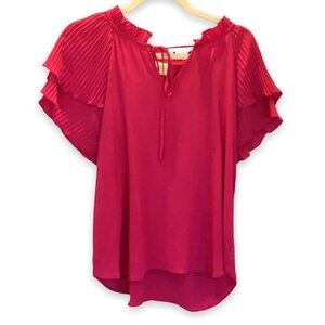 Violet & Claire Blouse Hot Pink Flutter Layer Mini Pleat Short Sleeve Sz Medium